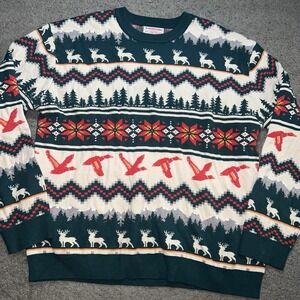 BURLEBO Christmas Sweater Deer Ducks Fair Isle Knit Green Outdoor Cabin Cozy XL